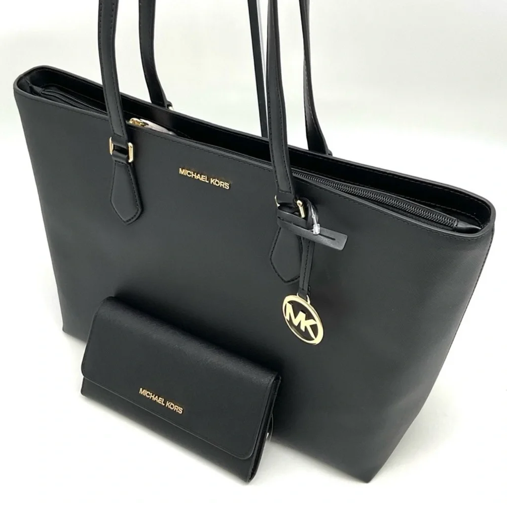 Michael Kors Bag Large Sheila Mf Tote Bag & Large Trifold Wallet Black/Gold - Picture 11 of 14